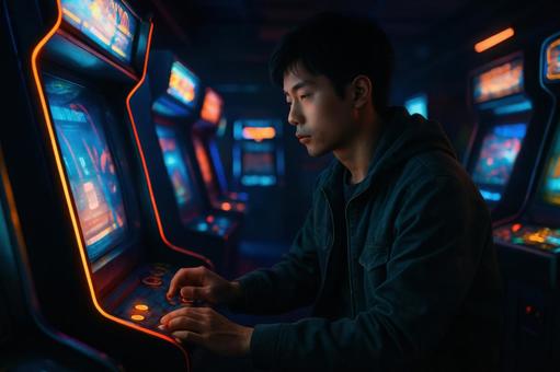 深夜のゲームセンターで遊ぶ若者 深夜のゲームセンターで遊ぶ若者の写真
