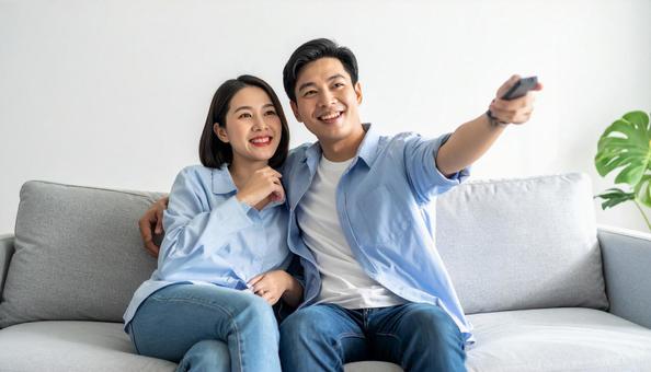 和やかな雰囲気でリビングでTVを見る夫婦の写真