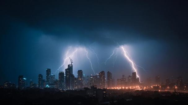 稲妻が貫く都市夜景 稲妻が貫く都市夜景の写真