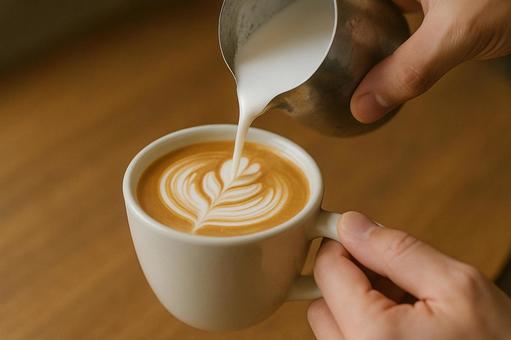 カフェラテにラテアートを描く手元 カフェラテにラテアートを描く手元の写真
