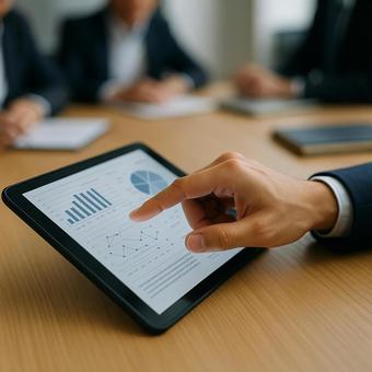 タブレットでグラフを指差すシーン タブレットでグラフを指差すシーンの写真