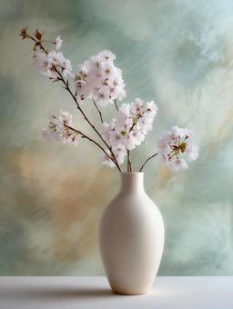 シンプルな陶器の花瓶に活けた桜の枝 シンプルな陶器の花瓶に活けた桜の枝の写真