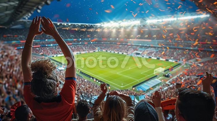 喝采を送るサッカースタジアムの大観衆 サッカースタジアム,歓声,観客の写真素材