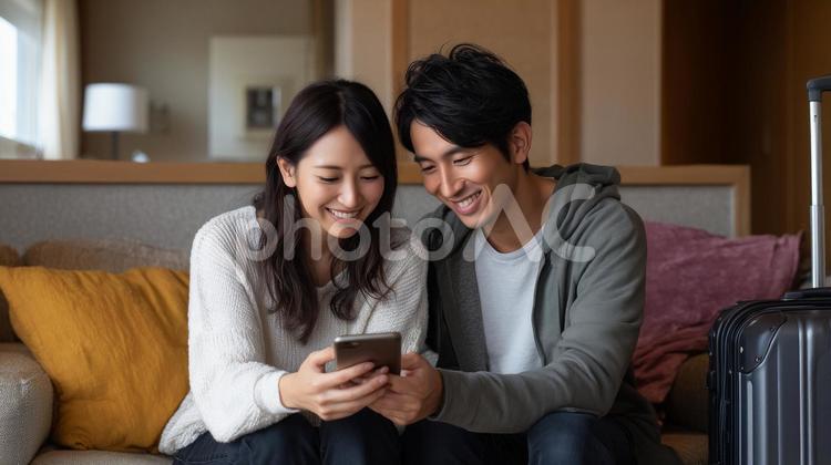 自宅で旅行計画を立てる夫婦 カップル,旅行,日本人の写真素材
