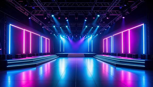 ネオンカラーが映えるアイドルのステージの写真
