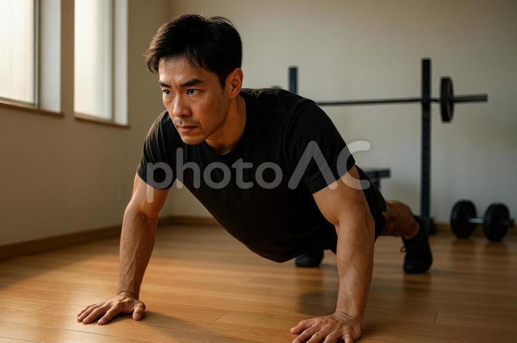 腕立て伏せをする男性 筋トレ,男性,自宅トレの写真素材
