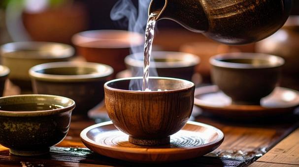 白湯が注がれる湯呑み茶碗1 白湯が注がれる湯呑み茶碗1の写真