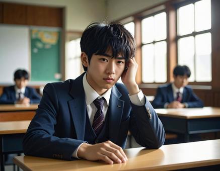 授業中に頭を抱えて悩む男子学生 授業中に頭を抱えて悩む男子学生の写真