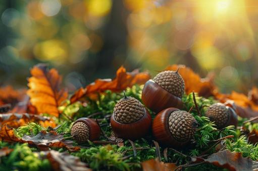 森の中の苔の上に落ちたどんぐりと落ち葉 森の中の苔の上に落ちたどんぐりと落ち葉の写真