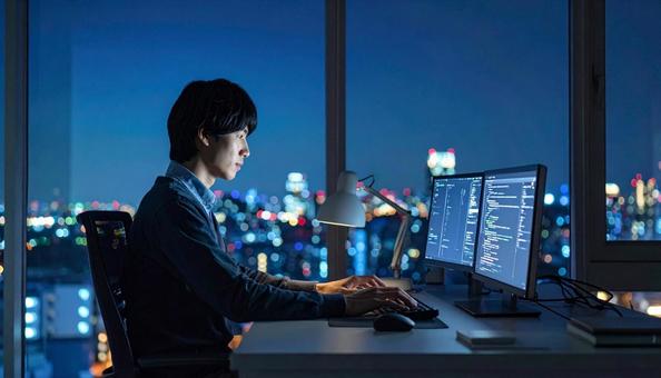 深夜に作業をする若い日本人エンジニアの写真