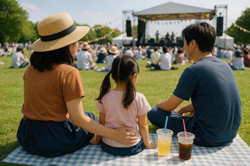芝生でくつろぐ親子 芝生でくつろぐ親子の写真