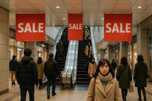 駅ビル入口のセール旗 駅ビル入口のセール旗の写真