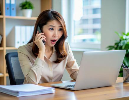 電話で驚きの反応を見せる女性社員 電話で驚きの反応を見せる女性社員の写真