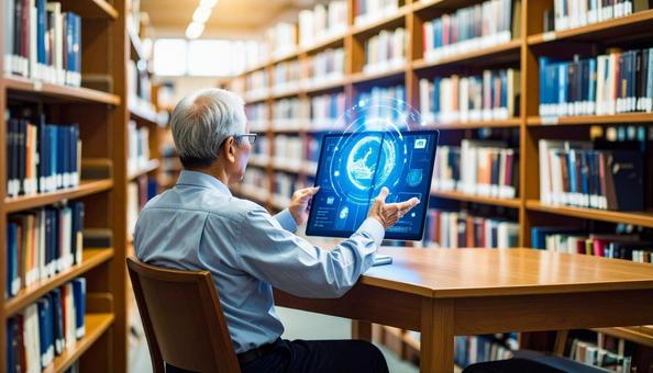 高齢者がホログラムの電子書籍を読む 高齢者がホログラムの電子書籍を読むの写真