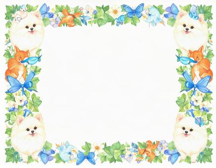 ポメラニアンと蝶と狐と鳥のフレームの写真