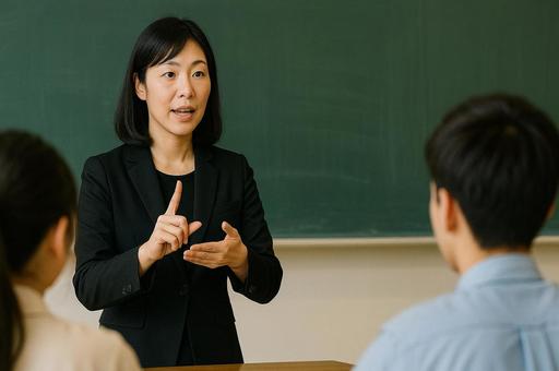 教室で生徒に手話通訳する女性 教室で生徒に手話通訳する女性の写真