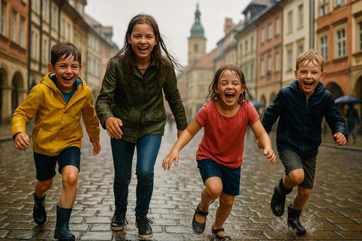 ヨーロッパの街で雨の中走る子どもたち ヨーロッパの街で雨の中走る子どもたちの写真