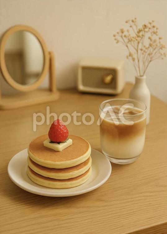 パンケーキとアイスカフェオレ パンケーキ,朝食,カフェオレの写真素材