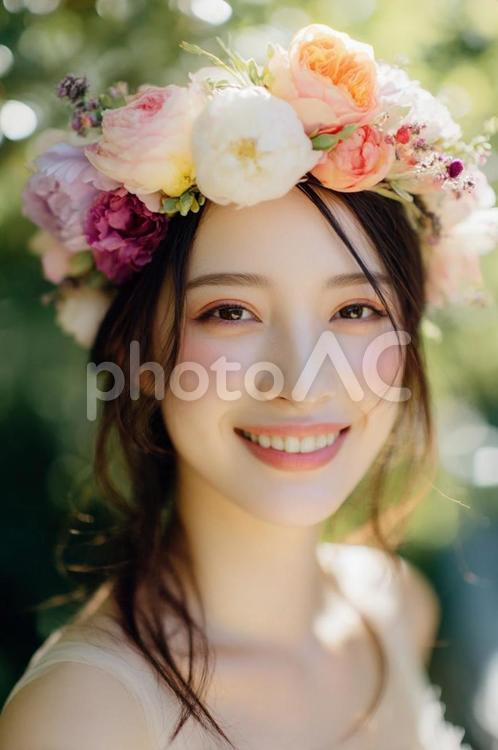 明るく微笑む花冠の美しい女性・笑顔・美容 花冠,女性,笑顔の写真素材