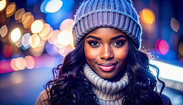 ニット帽をかぶる女性 冬 ニット帽をかぶる女性 冬の写真