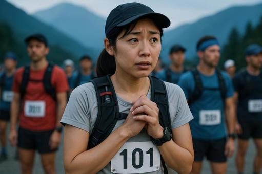 スタート地点で緊張の表情を見せる女性の写真