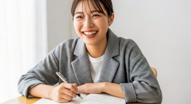 ノートを書きながら笑顔を見せる女性 ノートを書きながら笑顔を見せる女性の写真