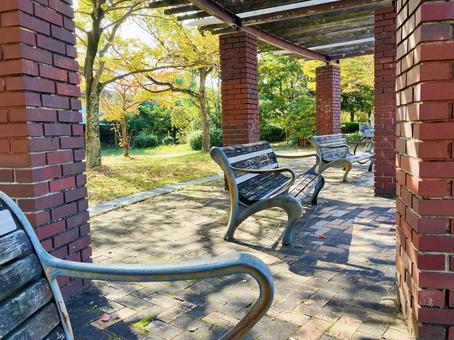 公園のベンチ 晴れ,日陰,ブロックの写真素材