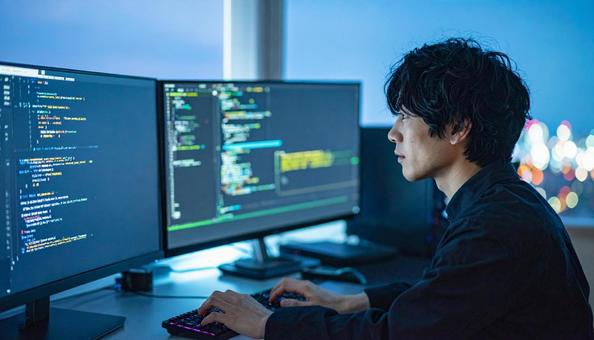 デュアルモニターで作業するプログラマーの写真