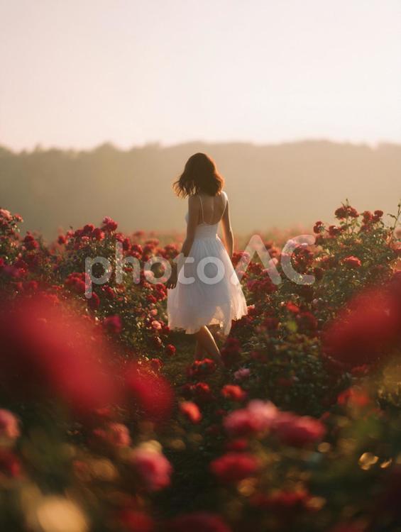 夕焼けに染まるバラ畑を歩く白ドレスの女性 女性,花畑,バラの写真素材