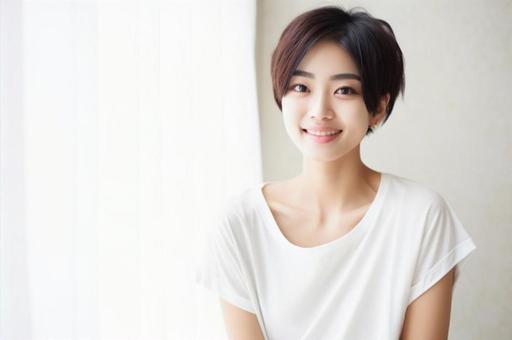 こちらを見る笑顔の若い女性・白Tシャツ2 こちらを見る笑顔の若い女性・白Tシャツ2の写真
