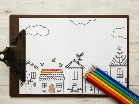 街並みの塗り絵と色鉛筆 塗り絵,線画,色塗りの写真素材