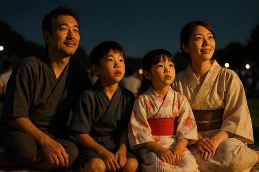 花火大会の始まりを待つ日本人の家族 花火大会の始まりを待つ日本人の家族の写真