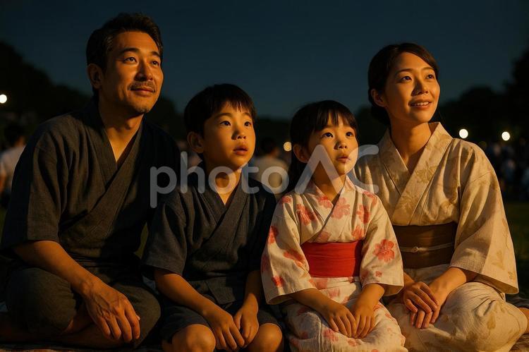 花火大会の始まりを待つ日本人の家族 花火,家族,日本の写真素材