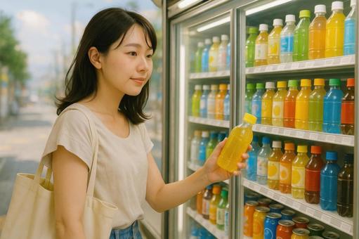 コンビニで飲み物を選ぶ女性 コンビニで飲み物を選ぶ女性の写真