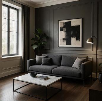 シックで高級感のある欧米風リビングの写真