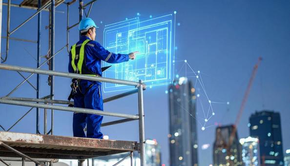 高所作業でホログラム情報を確認する作業員 高所作業でホログラム情報を確認する作業員の写真