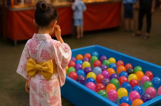 ヨーヨーを見つめる浴衣の女の子・夏祭り ヨーヨーを見つめる浴衣の女の子・夏祭りの写真