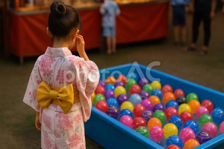 ヨーヨーを見つめる浴衣の女の子・夏祭り ヨーヨー,浴衣,女の子の写真素材