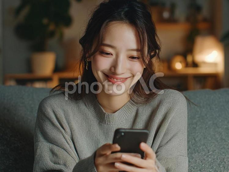 笑顔でスマホを操作する女性 女性,スマホ,笑顔の写真素材