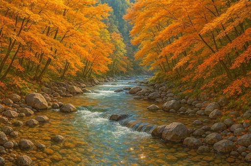 渓谷の紅葉と清流 渓谷の紅葉と清流の写真