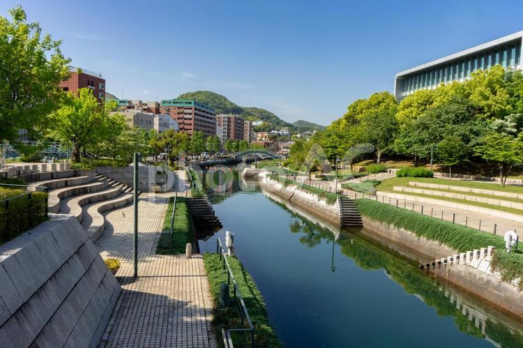 長崎水辺の森公園 長崎水辺の森公園,プロムナード,川の写真素材