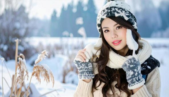 冬の寒冷な雪原の中の可愛い女性 冬の寒冷な雪原の中の可愛い女性の写真