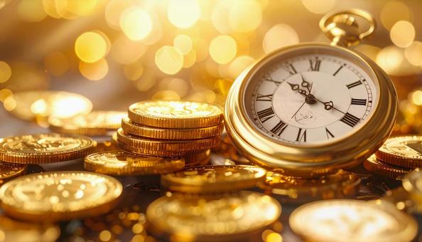 懐中時計と硬貨 時は金なり 懐中時計と硬貨 時は金なりの写真