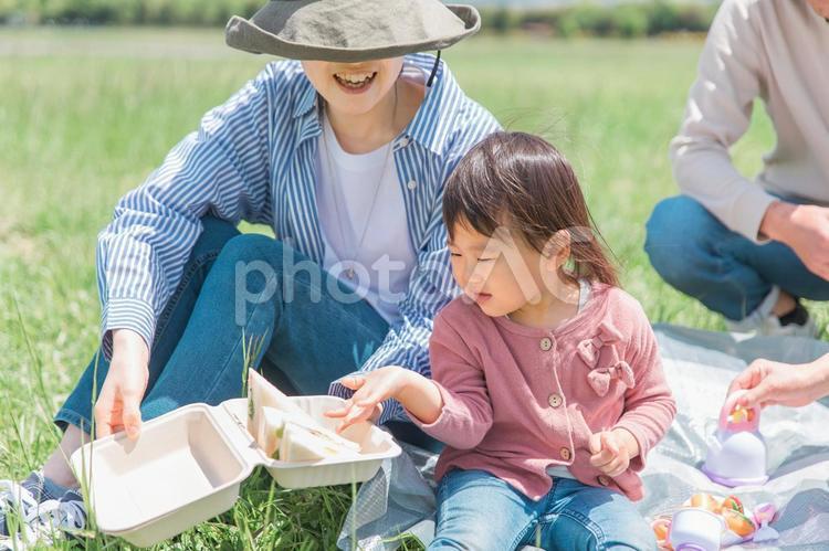 ピクニックで昼食を食べるママと子供 ピクニック,親子,家族の写真素材