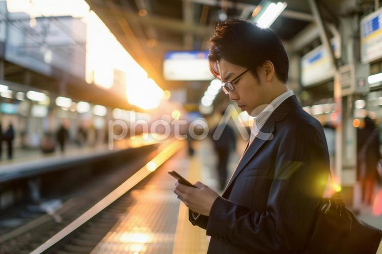 ビジネスマンが出勤しているシーン ホーム,男性,駅の写真素材