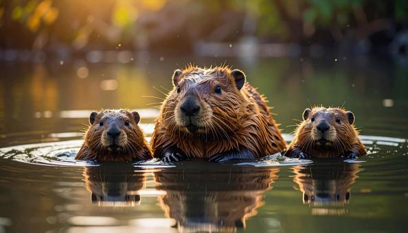 きれいな池を泳ぐビーバーの親子の写真