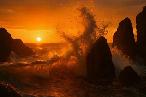 夕陽の荒波飛沫 夕陽の荒波飛沫の写真