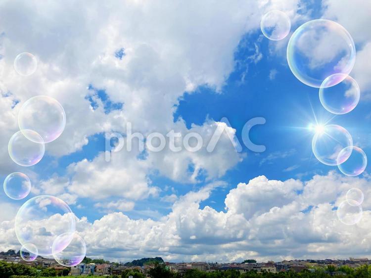 爽やかな青空とシャボン玉の背景素材_pu_19 背景,青空,シャボン玉の写真素材