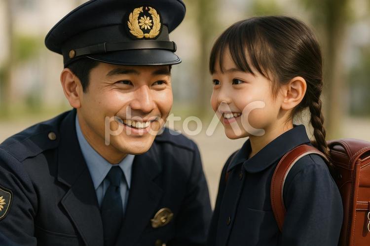 小学生に声をかける警察官 警察官,小学生,日本の写真素材