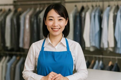 笑顔で立つクリーニング店の女性 笑顔で立つクリーニング店の女性の写真